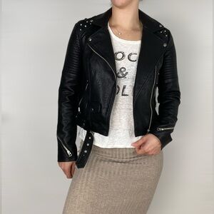 ZARA Graffiti Studded Faux Leather “Black Silver Argent” Biker Jacket Moto‎